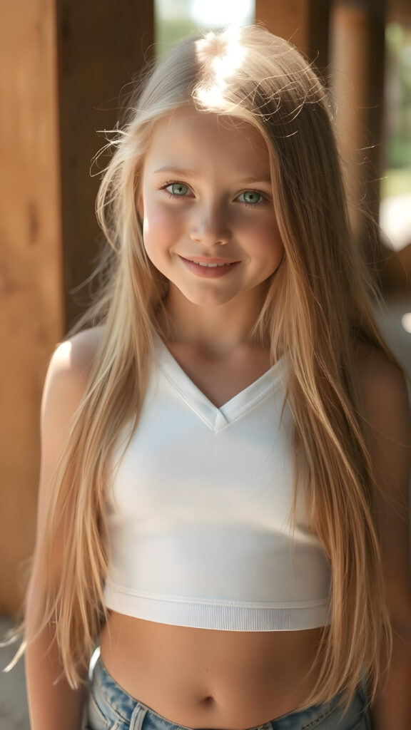 realistic, super high quality full body portrait, beautifully proportioned 14 year old girl, with luxurious long straight blond hair, round cheeks, and bright green eyes. She's wearing a (hyper short tight white crop tank top, deep v-neck, sun-kissed skin, and perfectly complements her full figure. The sun-kissed rays of light shining on her give her an ethereal glow, highlighting her youthful features. Her smile is both friendly and sophisticated, perfectly framed by her youthful face, which perfectly complements her toned figure. The overall atmosphere is (extremely sunny and warm), like a fantasy come to life, with a high level of detail that captures every nuance of her youthful features, from the softest, most luxurious auburn hair to the smallest details of her face, beautifully proportioned and perfectly framed