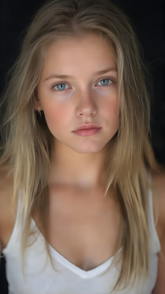 realistic, super high quality upper body portrait, beautifully proportioned 16 year old girl, with luxurious long straight blond super soft hair, round cheeks, and bright green eyes. She’s wearing a (short tight white crop tank top, deep v-neck, silver skin, and perfectly complements her full figure), against a dark backdrop