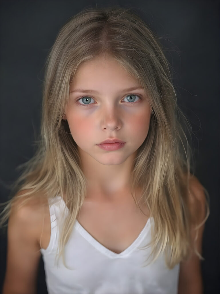 realistic, super high quality upper body portrait in 1:3, beautifully proportioned 14 year old girl, with luxurious long straight blond super soft hair, round cheeks, and bright green eyes. She’s wearing a (short tight white crop tank top, deep v-neck, silver skin, and perfectly complements her full figure), against a dark backdrop