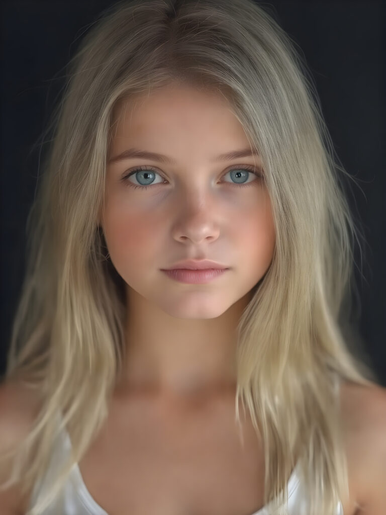 realistic, super high quality upper body portrait in 1:3, beautifully proportioned 14 year old girl, with luxurious long straight blond super soft hair, round cheeks, and bright green eyes. She’s wearing a (short tight white crop tank top, deep v-neck, silver skin, and perfectly complements her full figure), against a dark backdrop