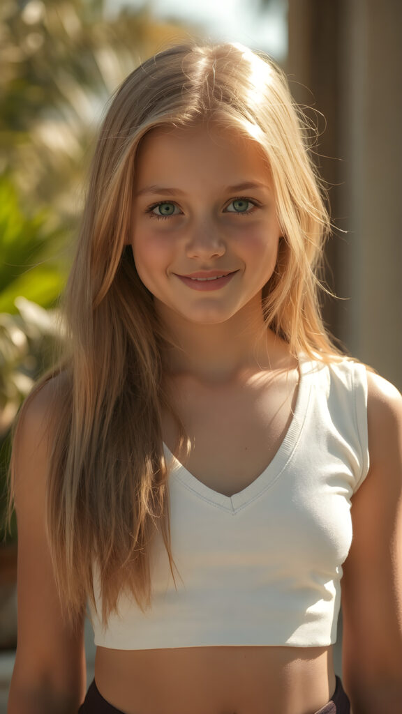 realistic, super high quality full body portrait, beautifully proportioned 14 year old girl, with luxurious long straight blond hair, round cheeks, and bright green eyes. She's wearing a (hyper short tight white crop tank top, deep v-neck, sun-kissed skin, and perfectly complements her full figure. The sun-kissed rays of light shining on her give her an ethereal glow, highlighting her youthful features. Her smile is both friendly and sophisticated, perfectly framed by her youthful face, which perfectly complements her toned figure. The overall atmosphere is (extremely sunny and warm), like a fantasy come to life, with a high level of detail that captures every nuance of her youthful features, from the softest, most luxurious auburn hair to the smallest details of her face, beautifully proportioned and perfectly framed