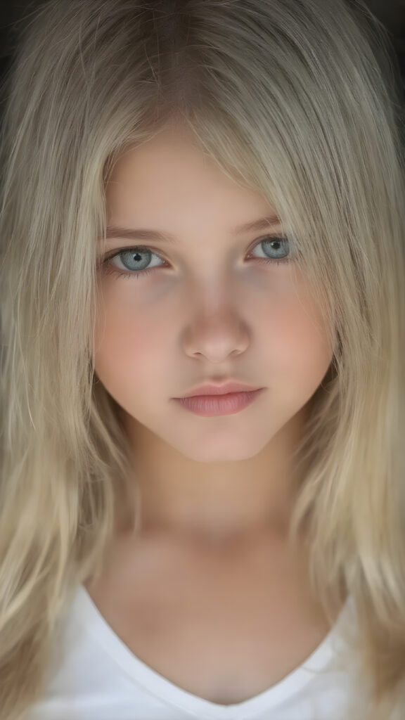 realistic, super high quality upper body portrait, beautifully proportioned 16 year old girl, with luxurious long straight blond super soft hair, round cheeks, and bright green eyes. She’s wearing a (short tight white crop tank top, deep v-neck, silver skin, and perfectly complements her full figure), against a dark backdrop