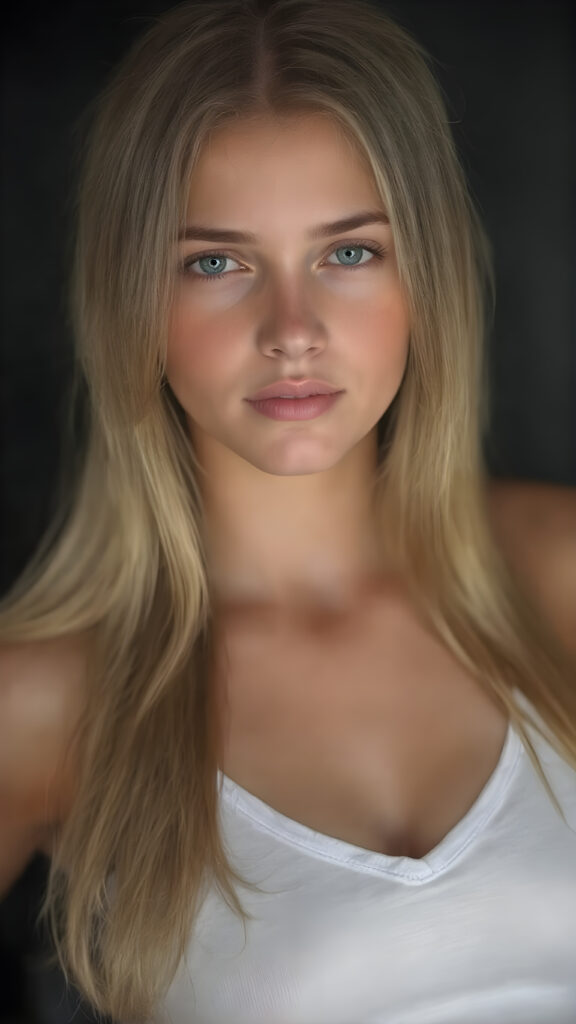 realistic, super high quality upper body portrait, beautifully proportioned 16 year old girl, with luxurious long straight blond super soft hair, round cheeks, and bright green eyes. She’s wearing a (short tight white crop tank top, deep v-neck, silver skin, and perfectly complements her full figure), against a dark backdrop