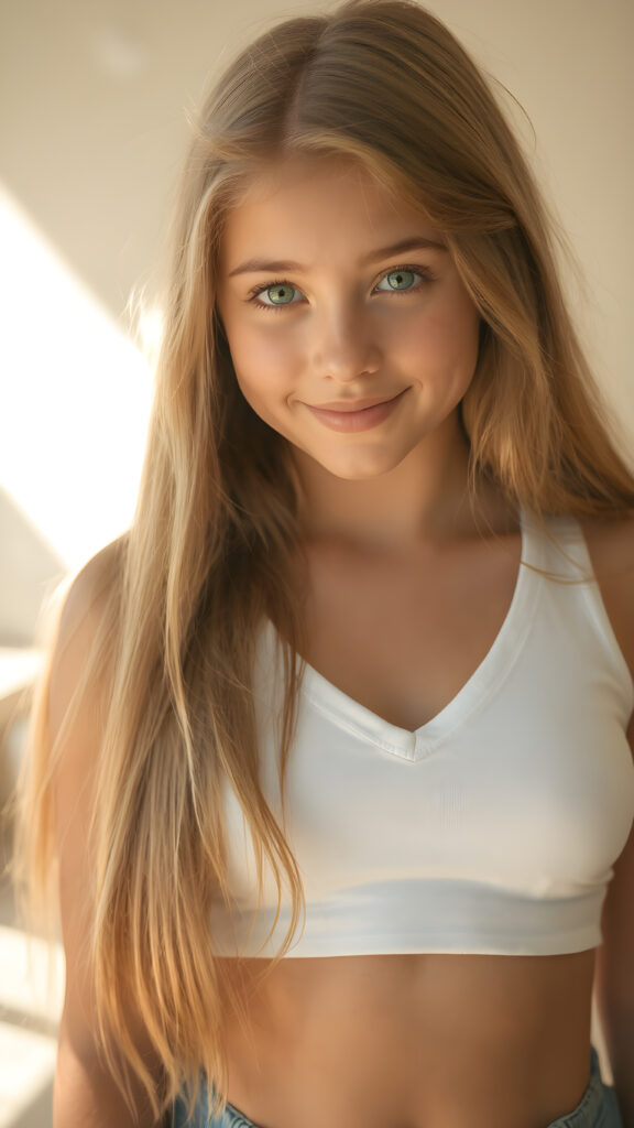 realistic, super high quality full body portrait, beautifully proportioned 14 year old girl, with luxurious long straight blond hair, round cheeks, and bright green eyes. She's wearing a (hyper short tight white crop tank top, deep v-neck, sun-kissed skin, and perfectly complements her full figure. The sun-kissed rays of light shining on her give her an ethereal glow, highlighting her youthful features. Her smile is both friendly and sophisticated, perfectly framed by her youthful face, which perfectly complements her toned figure. The overall atmosphere is (extremely sunny and warm), like a fantasy come to life, with a high level of detail that captures every nuance of her youthful features, from the softest, most luxurious auburn hair to the smallest details of her face, beautifully proportioned and perfectly framed