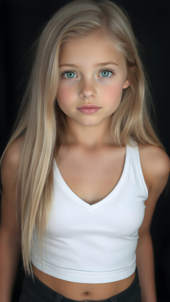 realistic, super high quality upper body portrait in 1:3, beautifully proportioned 14 year old girl, with luxurious long straight blond super soft hair, round cheeks, and bright green eyes. She's wearing a (short tight white crop tank top, deep v-neck, silver skin, and perfectly complements her full figure), against a dark backdrop