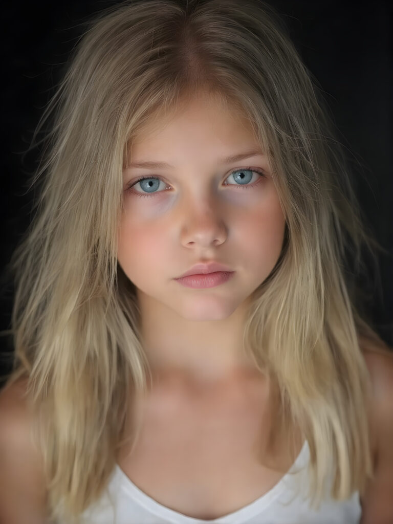 realistic, super high quality upper body portrait in 1:3, beautifully proportioned 14 year old girl, with luxurious long straight blond super soft hair, round cheeks, and bright green eyes. She’s wearing a (short tight white crop tank top, deep v-neck, silver skin, and perfectly complements her full figure), against a dark backdrop