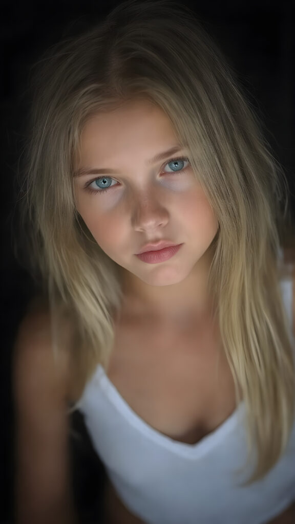 realistic, super high quality upper body portrait, beautifully proportioned 16 year old girl, with luxurious long straight blond super soft hair, round cheeks, and bright green eyes. She’s wearing a (short tight white crop tank top, deep v-neck, silver skin, and perfectly complements her full figure), against a dark backdrop