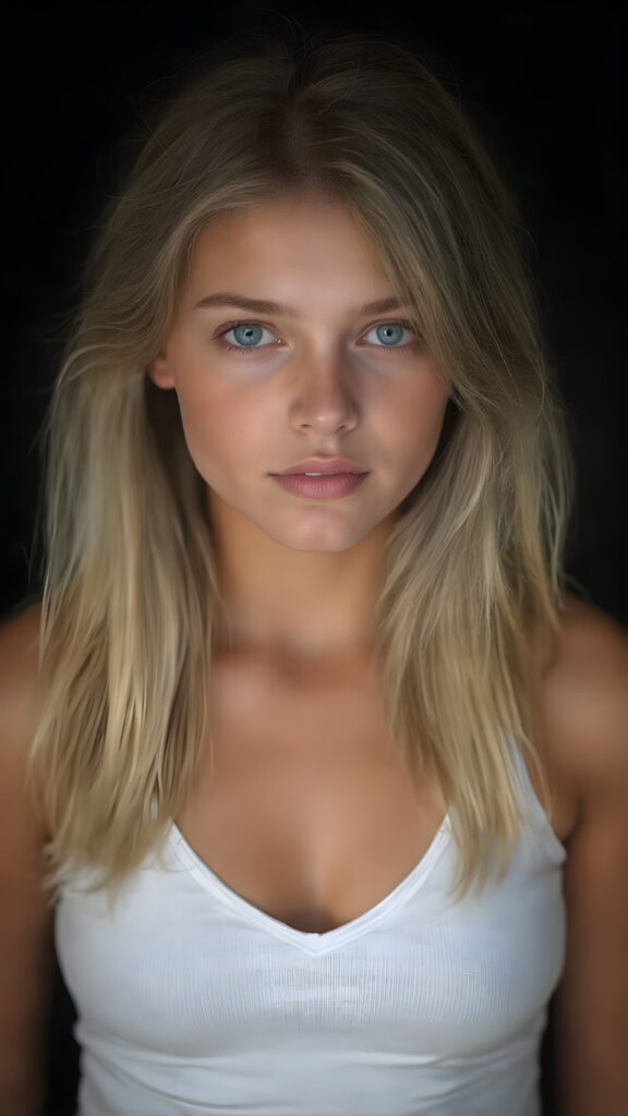 realistic, super high quality upper body portrait, beautifully proportioned 16 year old girl, with luxurious long straight blond super soft hair, round cheeks, and bright green eyes. She’s wearing a (short tight white crop tank top, deep v-neck, silver skin, and perfectly complements her full figure), against a dark backdrop