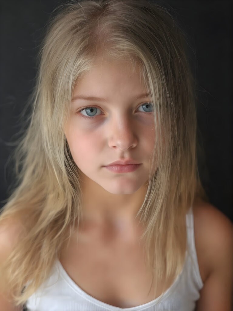 realistic, super high quality upper body portrait in 1:3, beautifully proportioned 14 year old girl, with luxurious long straight blond super soft hair, round cheeks, and bright green eyes. She’s wearing a (short tight white crop tank top, deep v-neck, silver skin, and perfectly complements her full figure), against a dark backdrop