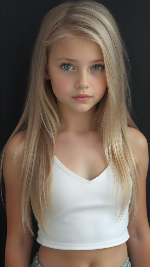 realistic, super high quality upper body portrait in 1:3, beautifully proportioned 14 year old girl, with luxurious long straight blond super soft hair, round cheeks, and bright green eyes. She's wearing a (short tight white crop tank top, deep v-neck, silver skin, and perfectly complements her full figure), against a dark backdrop