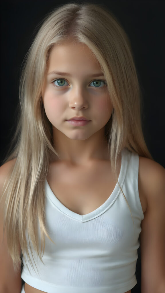 realistic, super high quality upper body portrait in 1:3, beautifully proportioned 14 year old girl, with luxurious long straight blond super soft hair, round cheeks, and bright green eyes. She's wearing a (short tight white crop tank top, deep v-neck, silver skin, and perfectly complements her full figure), against a dark backdrop