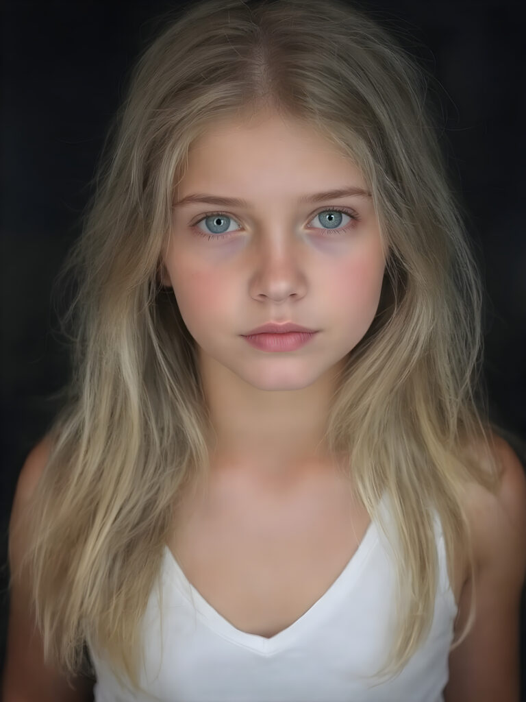 realistic, super high quality upper body portrait in 1:3, beautifully proportioned 14 year old girl, with luxurious long straight blond super soft hair, round cheeks, and bright green eyes. She’s wearing a (short tight white crop tank top, deep v-neck, silver skin, and perfectly complements her full figure), against a dark backdrop