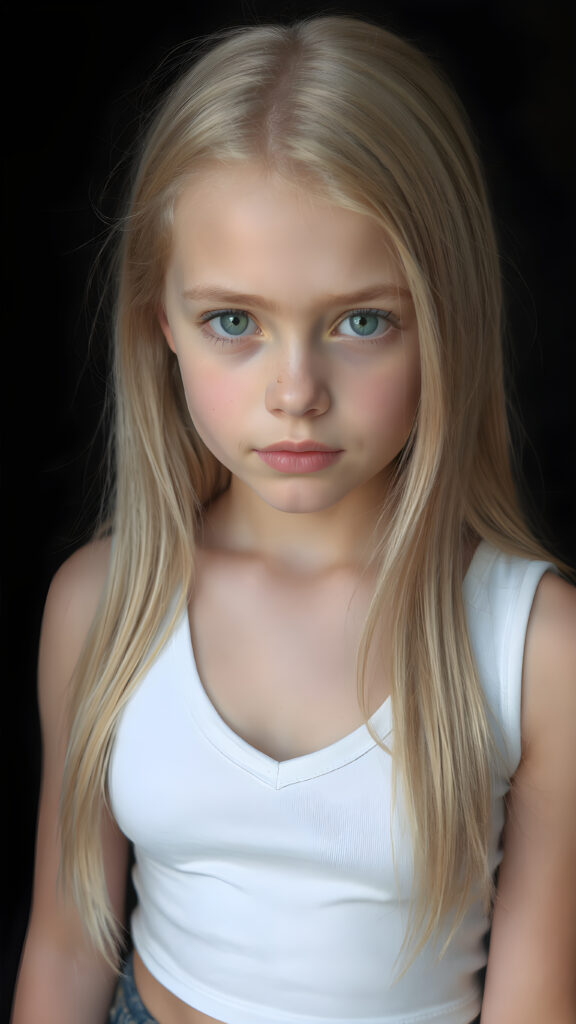 realistic, super high quality upper body portrait in 1:3, beautifully proportioned 14 year old girl, with luxurious long straight blond super soft hair, round cheeks, and bright green eyes. She's wearing a (short tight white crop tank top, deep v-neck, silver skin, and perfectly complements her full figure), against a dark backdrop