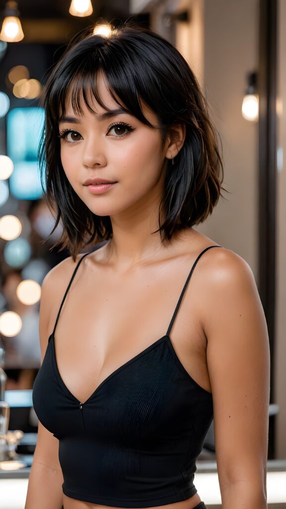 show me a beautiful young busty tanned girl with jet black hair, shoulder length hair, bangs cut, wearing a tight and thin, black spaghetti cropped tank top that support her perfect fit body, deep v-neck