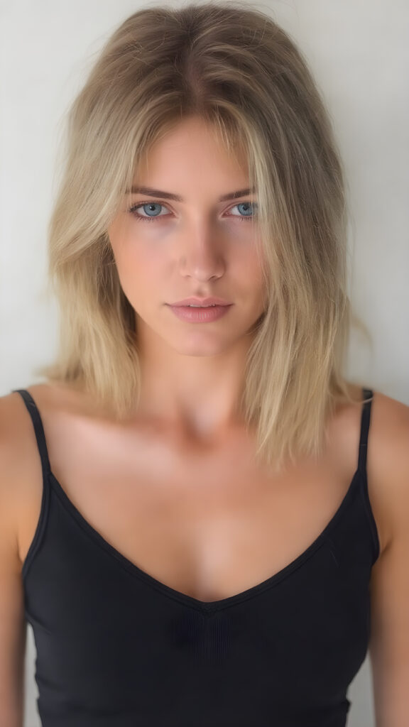 show me a beautiful young busty girl with jet blonde hair, shoulder length hair, wearing a tight and thin, black spaghetti cropped tank top that support her perfect fit body, deep v-neck