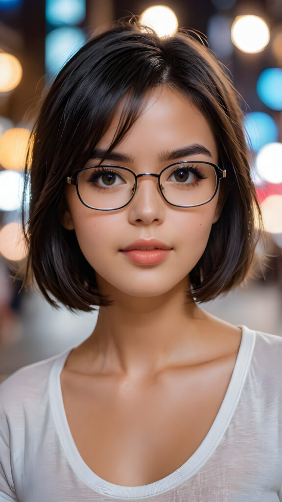 show me a beautiful masterpiece photo from a beautiful young pretty girl, with black shiny hairs bob cut, wearing glasses, wearing a white short plain t-shirt, focus on her face, full kissable lips, pretty face