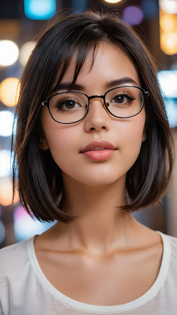 show me a beautiful masterpiece photo from a beautiful young pretty girl, with black shiny hairs bob cut, wearing glasses, wearing a white short plain t-shirt, focus on her face, full kissable lips, pretty face