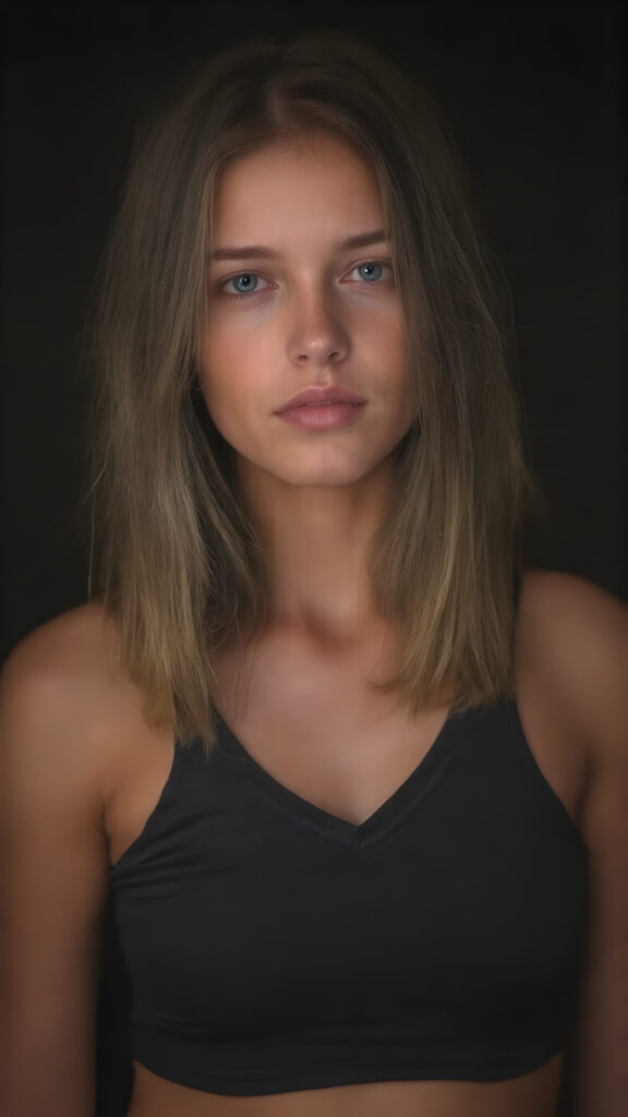 show me a beautiful detailed and realistic young babe girl with jet blonde soft hair, round face, shoulder length straight jet soft brown hair, full kissable lips, wearing a tight and thin, black cropped tank top that support her perfect fit body, deep v-neck, upper body, dark backdrop