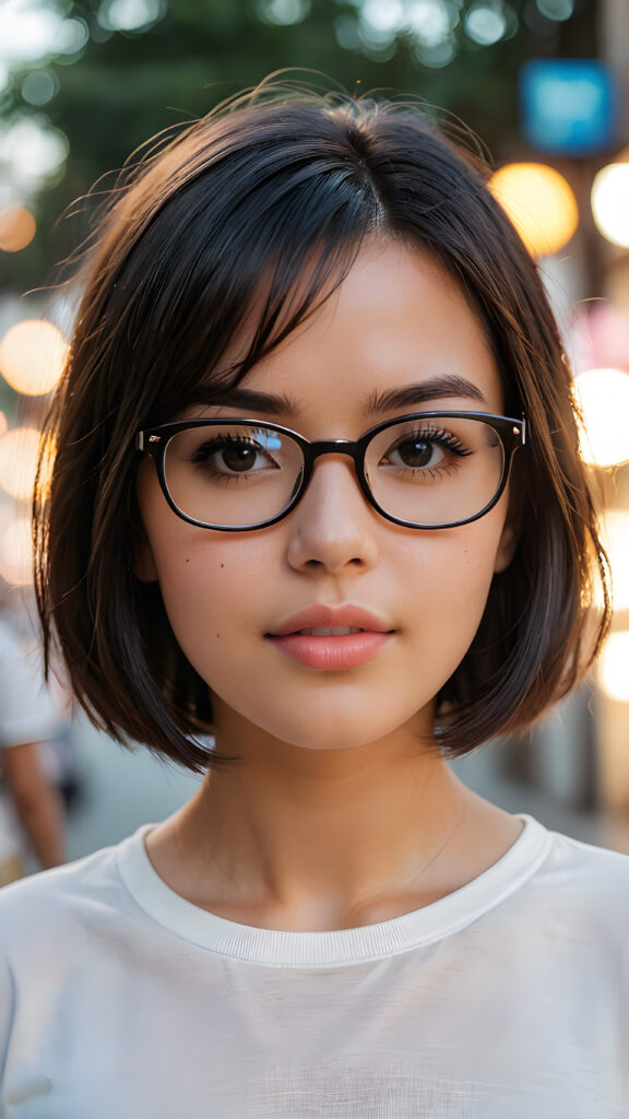 show me a beautiful masterpiece photo from a beautiful young pretty girl, with black shiny hairs bob cut, wearing glasses, wearing a white short plain t-shirt, focus on her face, full kissable lips, pretty face