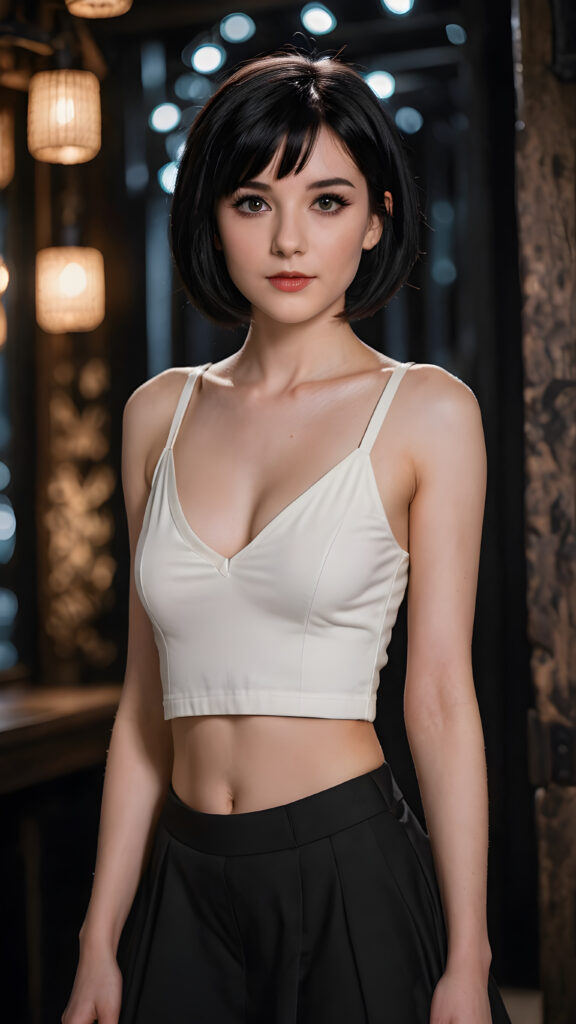 show me a cute petite girl, a beautifully drawn (((thin crop top))), with its front and sides pulled up for a (((deep v-neck))), with a (((skirted short black hair))), and (pale skin), all against a backdrop of a (black, fantasy-themed background)