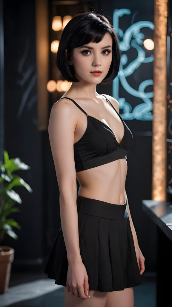 show me a cute petite girl, a beautifully drawn (((thin crop top))), with its front and sides pulled up for a (((deep v-neck))), with a (((skirted short black hair))), and (pale skin), all against a backdrop of a (black, fantasy-themed background)