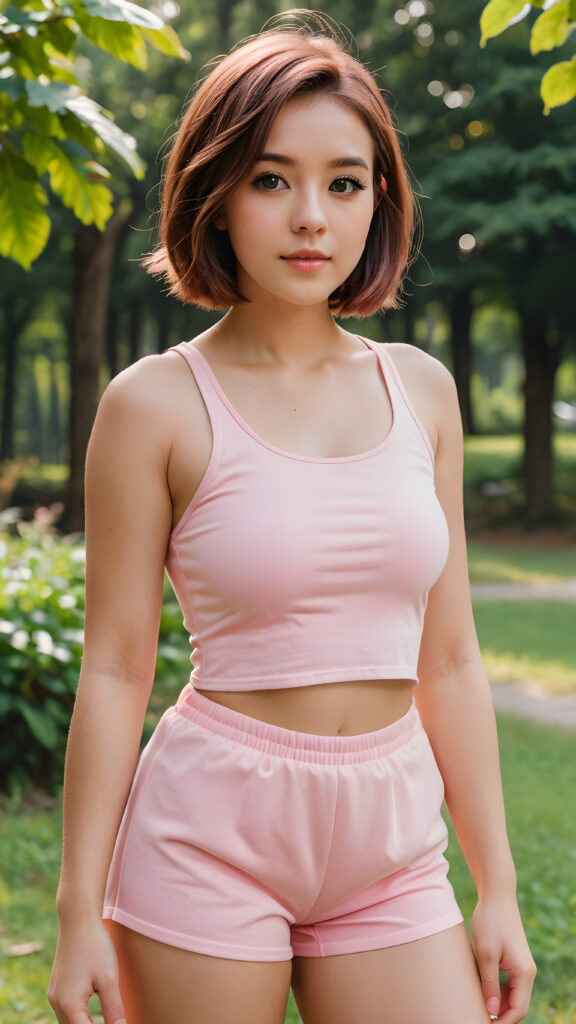 show me a natural, pretty cute girl, dressed in a (((pink cropped super short tank top))) ((brown hair))