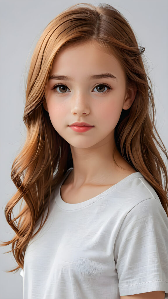 show me a realistic and detailed photo from a thoughtful (((cute and petite girl, 12 years old))) with long, soft, red straight hair, round face, soft lips and grey eyes that give off a romantic glow, the girl wears a white t-shirt