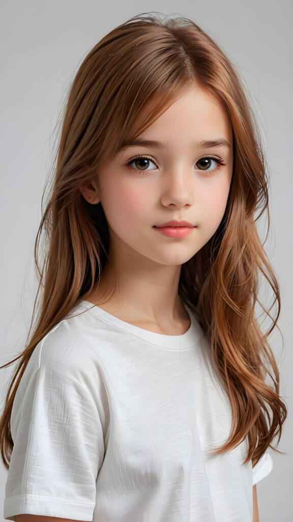 show me a realistic and detailed photo from a thoughtful (((cute and petite girl, 12 years old))) with long, soft, red straight hair, round face, soft lips and grey eyes that give off a romantic glow, the girl wears a white t-shirt