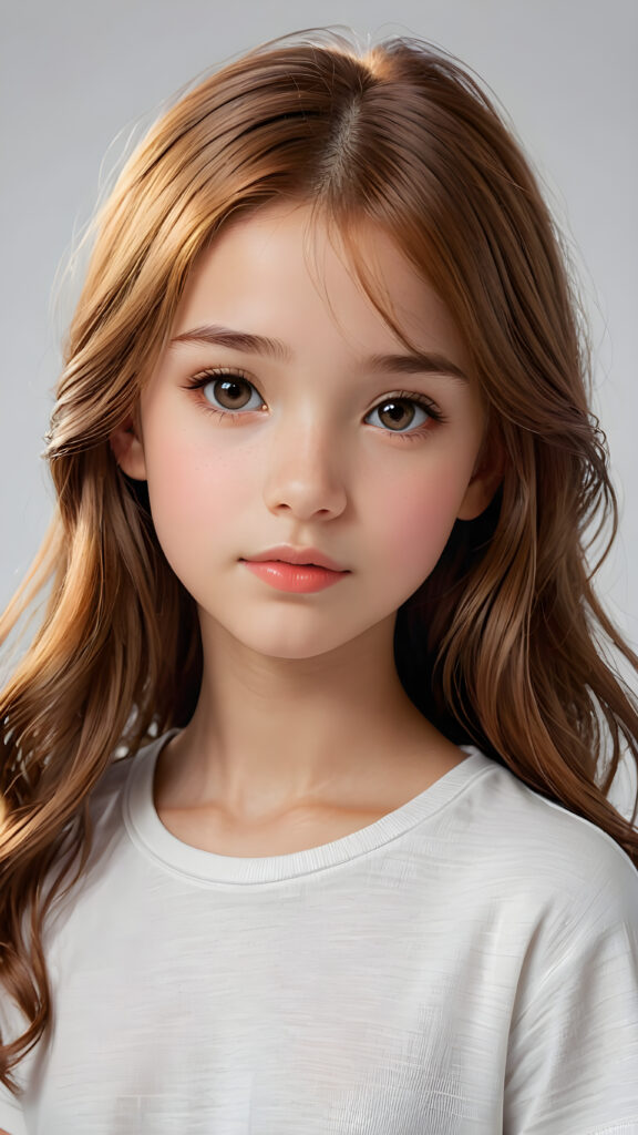 show me a realistic and detailed photo from a thoughtful (((cute and petite girl, 12 years old))) with long, soft, red straight hair, round face, soft lips and grey eyes that give off a romantic glow, the girl wears a white t-shirt