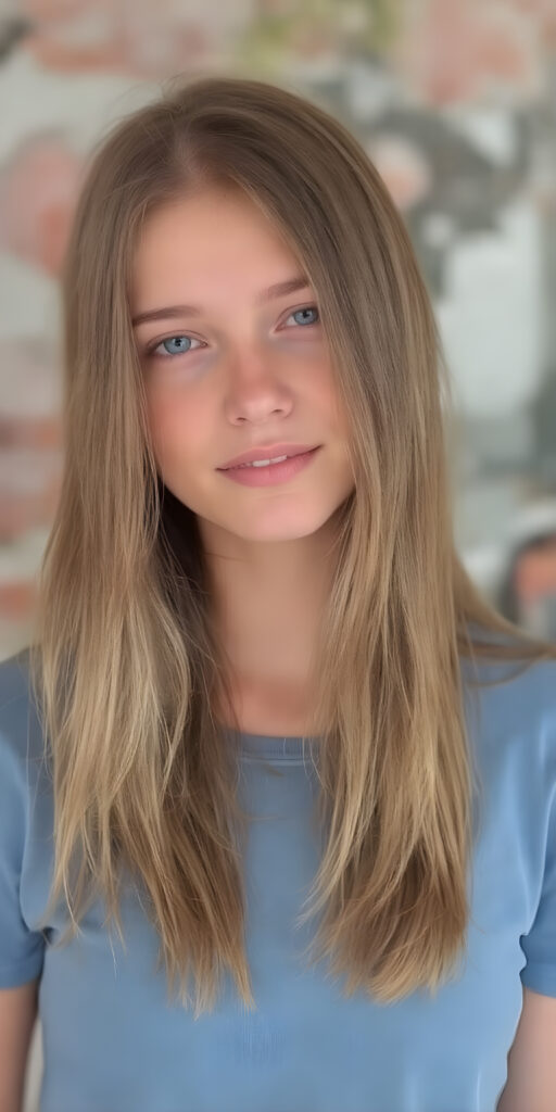 show me a super nice young teen girl with long hair, she wears short, cropped blue t-shirt