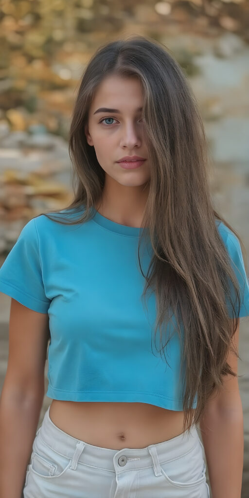 show me a super nice young teen girl with long hair, she wears short, cropped blue t-shirt