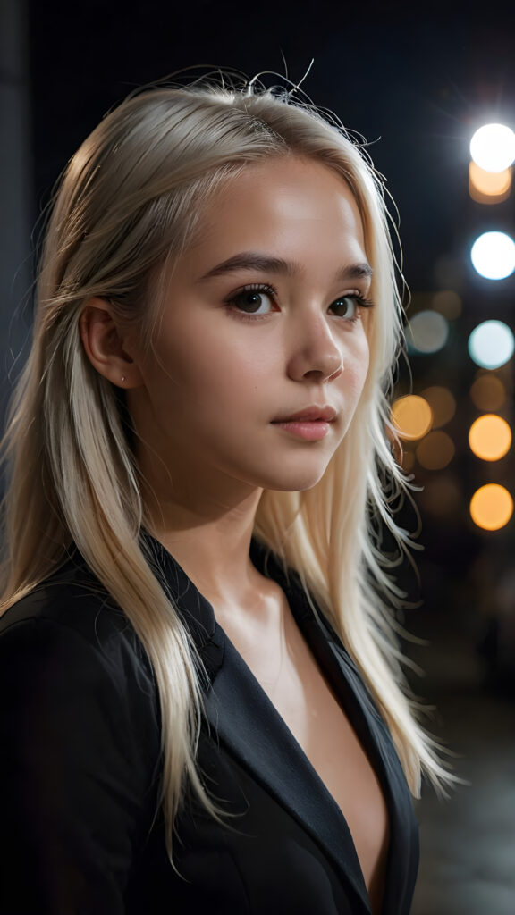 ((side view portrait)) a cute young girl, platinum straight hair, night, dim light falls on her face, dark background. cinematic light, perfect shadow