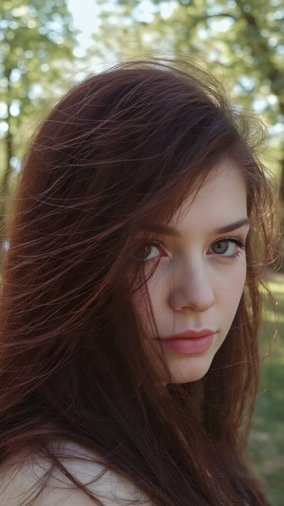 ((straight long burgundy hair)), ((upper body portrait)), with intricate ((detailed burgundy eyes)) that exude a unique (((sharpness))), pale skin, and (((vividly full lips))) against a backdrop of a (sunny park) where the breeze gently blows the hair outwards, paired with (((white irises))), which give off a distinctly realistic, HD, high-quality aesthetic, (((8k, UHD, with enhanced clarity)))