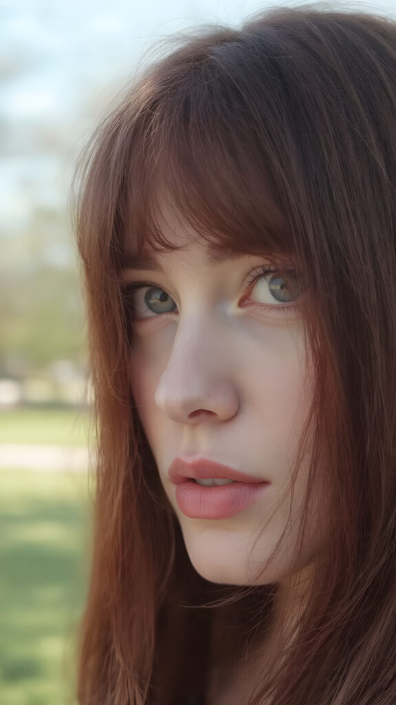 ((straight long burgundy hair)), ((upper body portrait)), with intricate ((detailed burgundy eyes)) that exude a unique (((sharpness))), pale skin, and (((vividly full lips))) against a backdrop of a (sunny park) where the breeze gently blows the hair outwards, paired with (((white irises))), which give off a distinctly realistic, HD, high-quality aesthetic, (((8k, UHD, with enhanced clarity)))