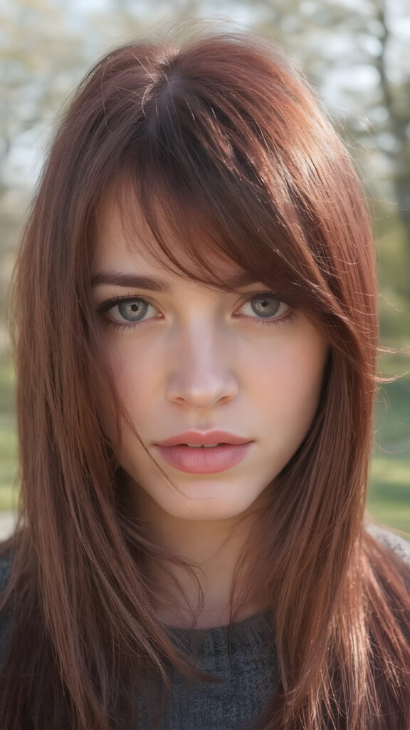 ((straight long burgundy hair)), ((upper body portrait)), with intricate ((detailed burgundy eyes)) that exude a unique (((sharpness))), pale skin, and (((vividly full lips))) against a backdrop of a (sunny park) where the breeze gently blows the hair outwards, paired with (((white irises))), which give off a distinctly realistic, HD, high-quality aesthetic, (((8k, UHD, with enhanced clarity)))