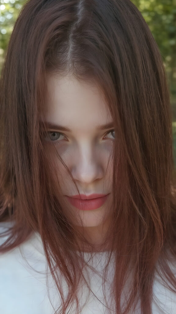 ((straight long burgundy hair)), ((upper body portrait)), with intricate ((detailed burgundy eyes)) that exude a unique (((sharpness))), pale skin, and (((vividly full lips))) against a backdrop of a (sunny park) where the breeze gently blows the hair outwards, paired with (((white irises))), which give off a distinctly realistic, HD, high-quality aesthetic, (((8k, UHD, with enhanced clarity)))