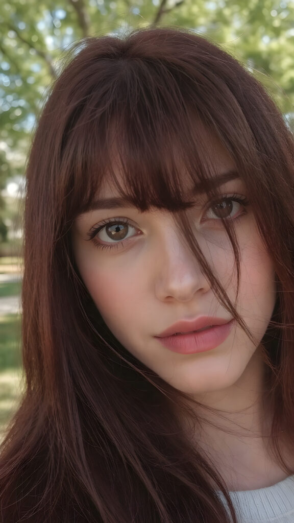 ((straight long burgundy hair)), ((upper body portrait)), with intricate ((detailed burgundy eyes)) that exude a unique (((sharpness))), pale skin, and (((vividly full lips))) against a backdrop of a (sunny park) where the breeze gently blows the hair outwards, paired with (((white irises))), which give off a distinctly realistic, HD, high-quality aesthetic, (((8k, UHD, with enhanced clarity)))