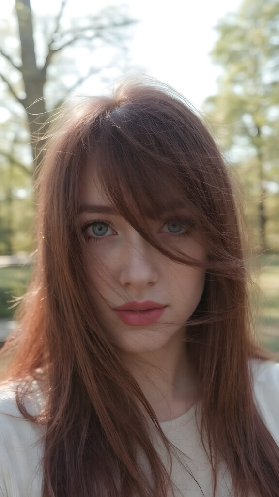 ((straight long burgundy hair)), ((upper body portrait)), with intricate ((detailed burgundy eyes)) that exude a unique (((sharpness))), pale skin, and (((vividly full lips))) against a backdrop of a (sunny park) where the breeze gently blows the hair outwards, paired with (((white irises))), which give off a distinctly realistic, HD, high-quality aesthetic, (((8k, UHD, with enhanced clarity)))