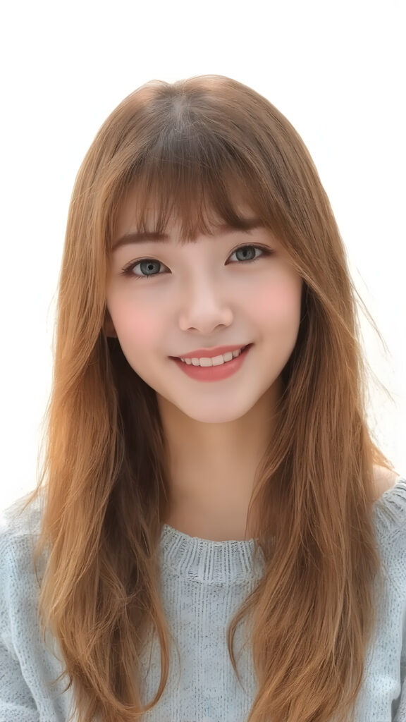 ((stunning)) ((gorgeous)) a young Asian teen girl. She has auburn long soft hair in Korean Style bangs, dark eyes, warm smile, very happy, weak dimmed light, full lips, white teeth, perfect face, she wears a light blue sweater made of fine wool, perfect curved body