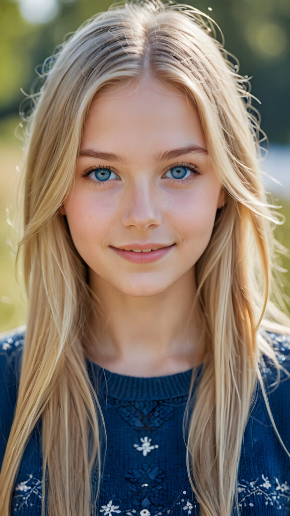 ((stunning)) ((gorgeous)) ((detailed portrait)) a young Nordic teen girl stands in front the viewer. She has blond long hair and deep blue eyes, warm smile, very happy