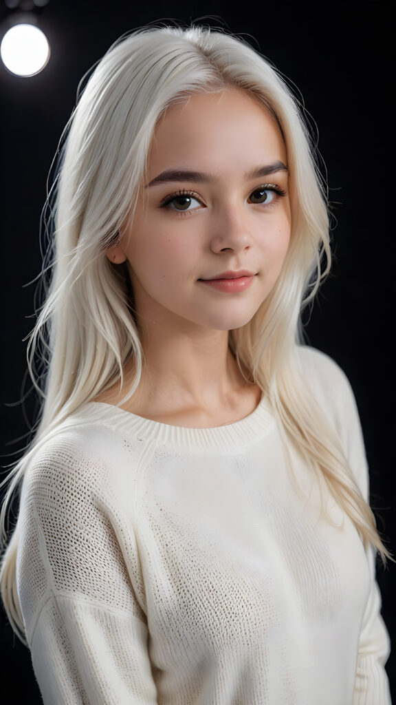 ((stunning)) ((gorgeous)) a beautiful teen girl, perfect portrait, perfect curved body, long straight platinum white hair, wears a white sweater, white silhouette, black background