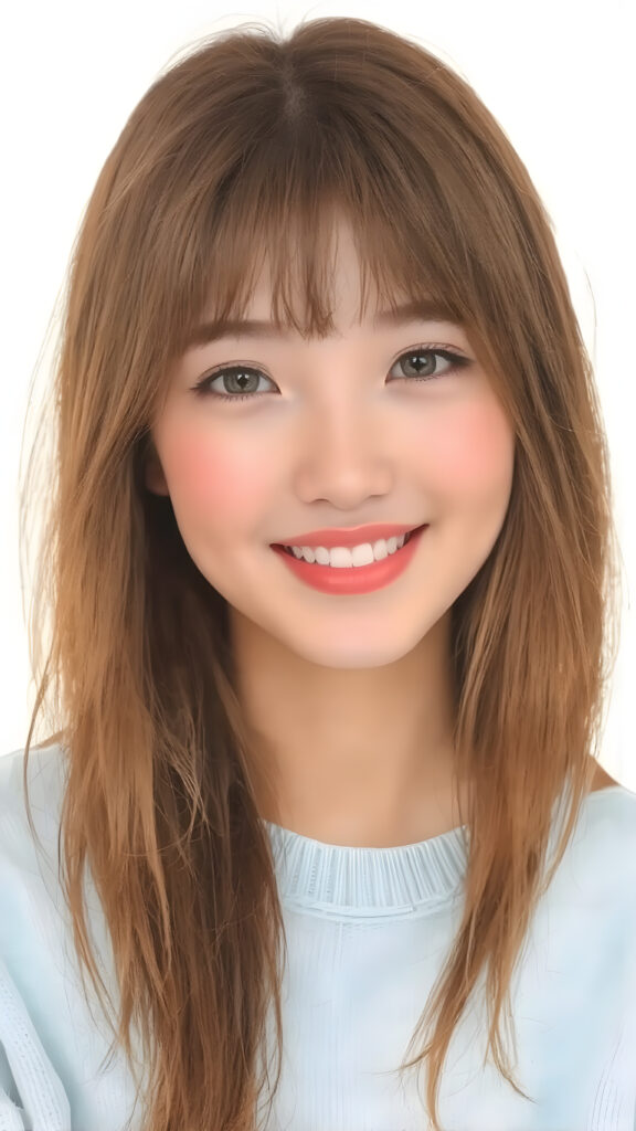 ((stunning)) ((gorgeous)) a young Asian teen girl. She has auburn long soft hair in Korean Style bangs, dark eyes, warm smile, very happy, weak dimmed light, full lips, white teeth, perfect face, she wears a light blue sweater made of fine wool, perfect curved body