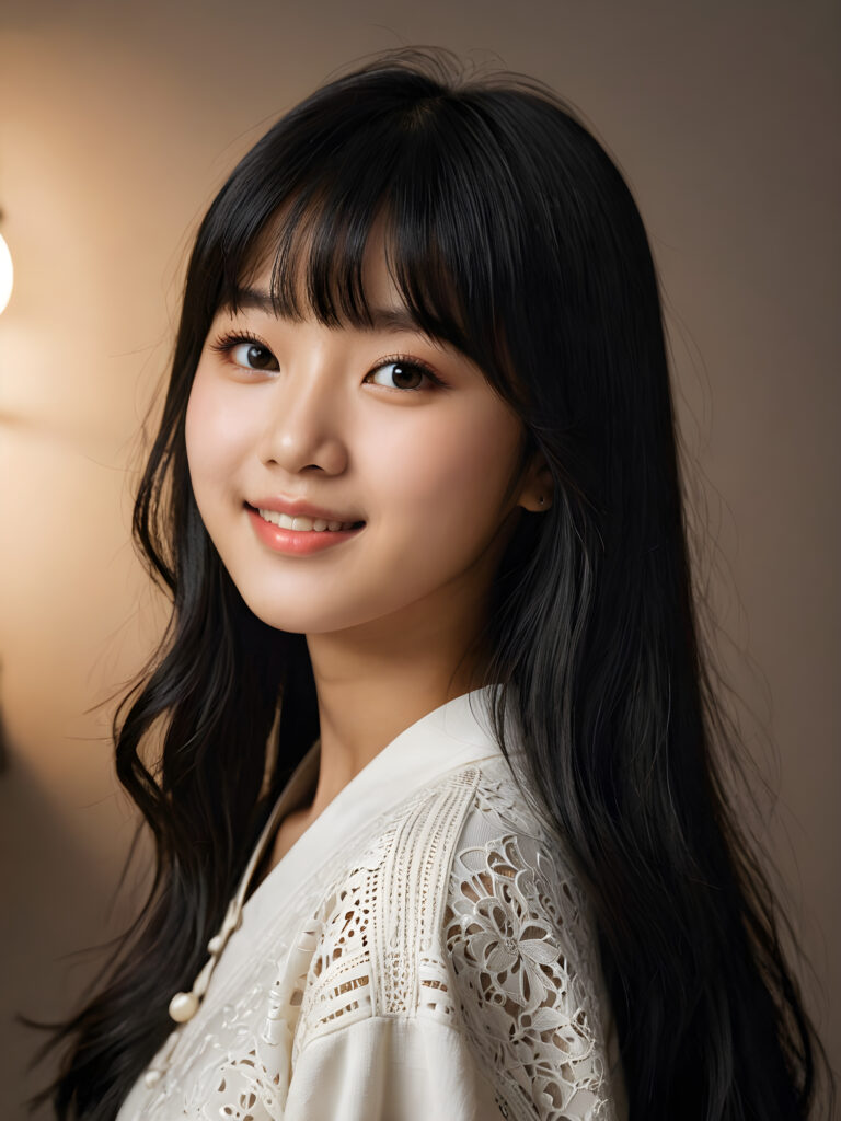 ((stunning)) ((gorgeous)) ((detailed portrait)) a young Korean teen girl. She has black long hair in Korean Style bangs, dark eyes, warm smile, very happy, side view, weak, dimmed light