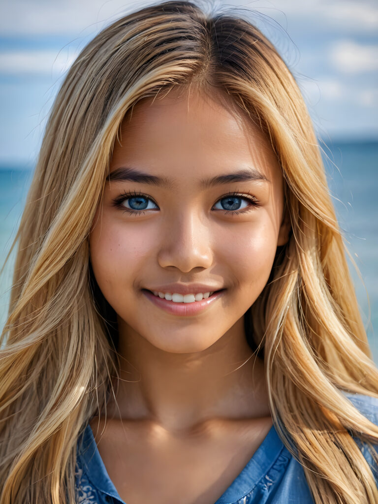 ((stunning)) ((gorgeous)) ((detailed portrait)) a young Indonesian teen girl stands in front the viewer. She has blond long hair and deep blue eyes, warm smile, very happy