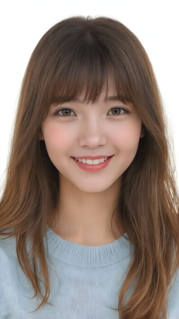 ((stunning)) ((gorgeous)) a young Asian teen girl. She has auburn long soft hair in Korean Style bangs, dark eyes, warm smile, very happy, weak dimmed light, full lips, white teeth, perfect face, she wears a light blue sweater made of fine wool, perfect curved body