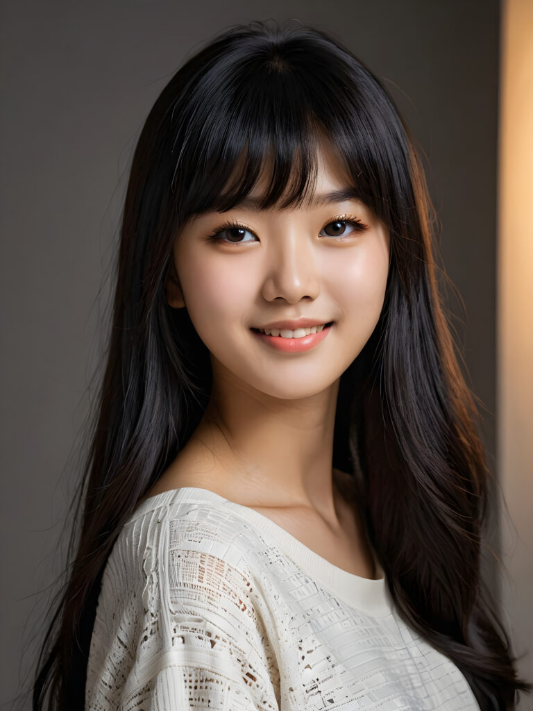 ((stunning)) ((gorgeous)) ((detailed portrait)) a young Korean teen girl. She has black long hair in Korean Style bangs, dark eyes, warm smile, very happy, side view, weak, dimmed light