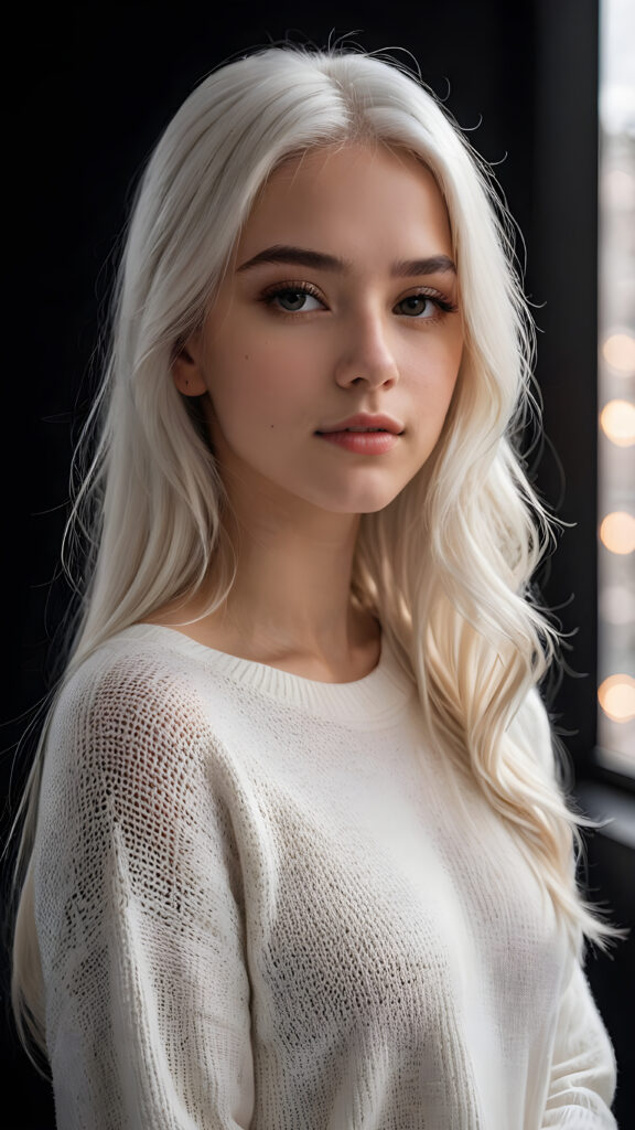 ((stunning)) ((gorgeous)) a beautiful realistic teen girl, perfect portrait, perfect curved body, long straight platinum white hair, wears a white sweater, white silhouette, black background