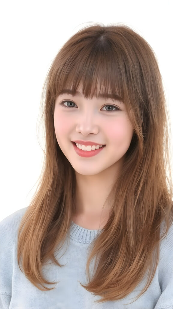 ((stunning)) ((gorgeous)) a young Asian teen girl. She has auburn long soft hair in Korean Style bangs, dark eyes, warm smile, very happy, weak dimmed light, full lips, white teeth, perfect face, she wears a light blue sweater made of fine wool, perfect curved body