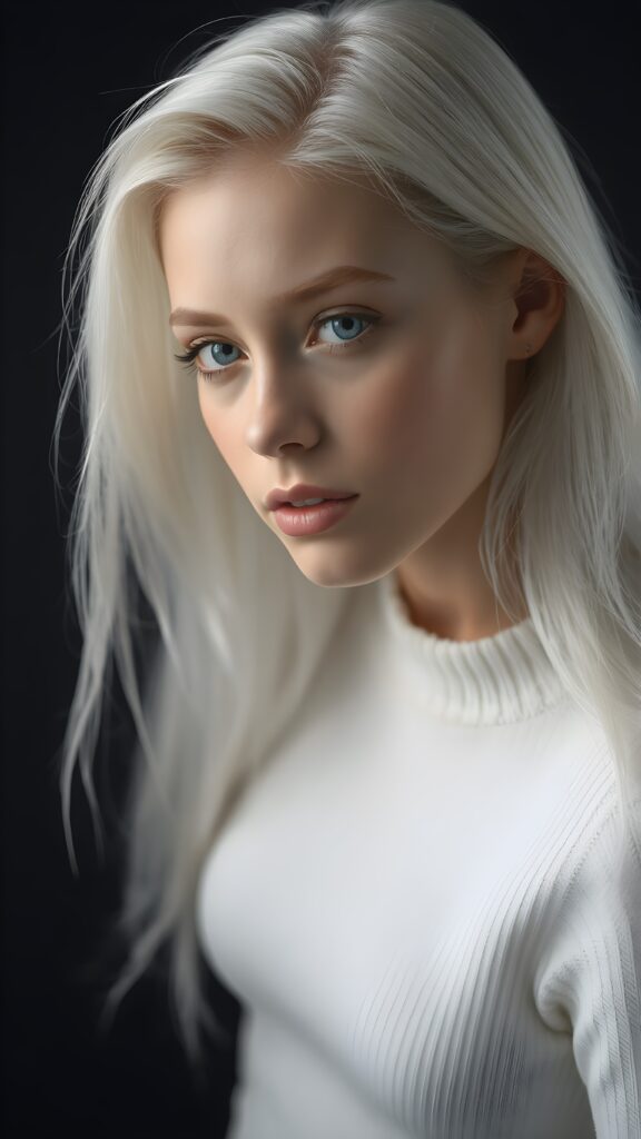 ((stunning)) ((gorgeous)) a beautiful realistic teen girl, perfect portrait, perfect curved body, long straight platinum white hair, wears a white sweater, white silhouette, black background