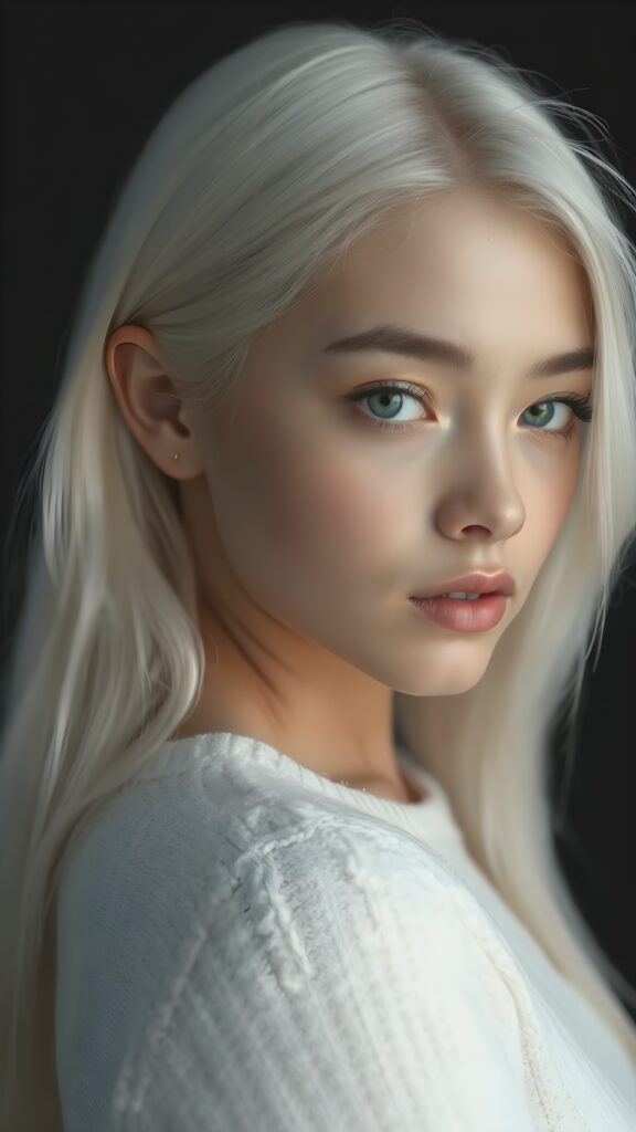 ((stunning)) ((gorgeous)) a beautiful realistic teen girl, perfect portrait, perfect curved body, long straight platinum white hair, wears a white sweater, white silhouette, black background